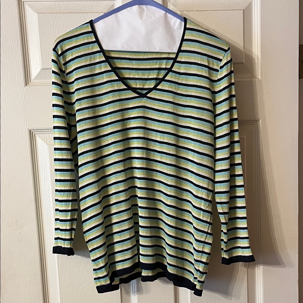 Ellen Tracy Striped V-Neck 3/4 Sleeve Silk Top